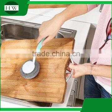 Mini Plastic Long Handle Hand Hanging Bowl Pot Dish Clean Cleaning Brush With Steel Ball photo-3