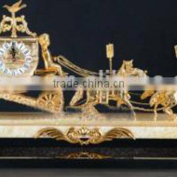 Solid Gilt Copper Table Clock, Empire Gold Plated Clock, Decorative Clock, Sitting On Cart Driven by Two Horses photo-3