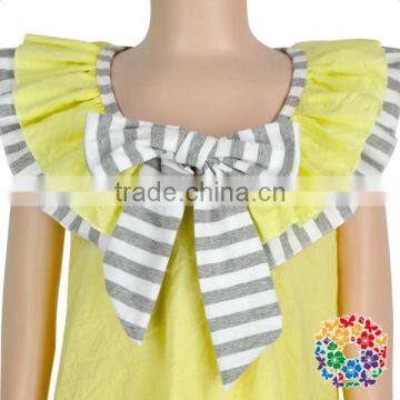 Wholesale Summer Fashion Grey Stripe Ruffle Neck Sleeveless Cotton Yellow Kids Girls Dress photo-5