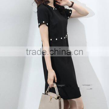 Guangzhou Oem Clothing White Pearl Embellishment Dresses Short Sleeve Black Slim Dress photo-5