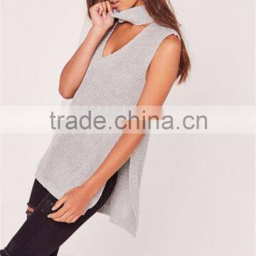 Plain Sleeveless Women Knitwear Sweater With Split Hem Choker Neck Chunky Tunic Grey photo-4