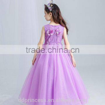 New Arrival Violet Ball Gown Tulle Girls Long Wedding Dress Sleeveless Embroidery Flower Handmade Beaded Purple Prom Party Dress photo-6