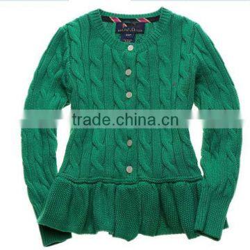 latest children girls cable knit ruffle buttom down long cardigan sweater