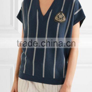 Hot Sale Navy and White Sleeveless Striped Knitted V-Neck Sweater for Women photo-2