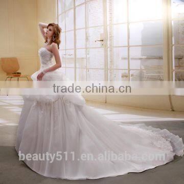 A-Line Satin/Organza Strapless Pearls Beaded Long Trail Gown Wedding Dress Ball Gowns Bridal Gowns photo-5