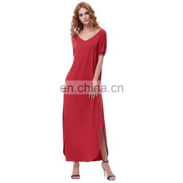 Kate Kasin Women's V-Neck Short Sleeve Red Casual Loose Side Split Maxi Dress KK000673-3