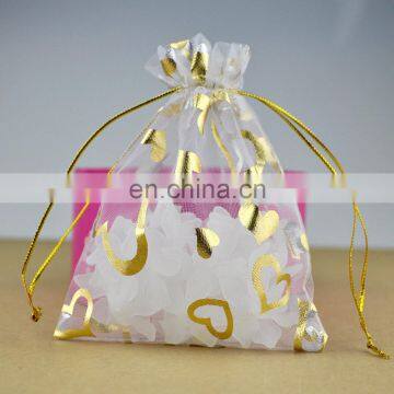 Decorated white jewelry pouch gold heart printed organza bags for holiday