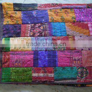 Indian Vintage Quilt Old Patola Indian Silk Sari Kantha Quilted Patchwork Bedspread