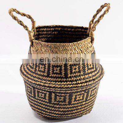 HBK foldable handmade patterned seagrass laundry rattan belly basket with handle