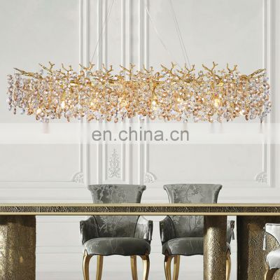 Round Handmade Branch Raindrop Crystal Lamp Golden Household Decorative Chandelier Light Fixture Restaurant