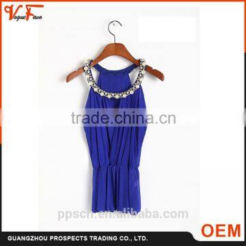 OEM factory Latest Chinese custom fashion sleeveless neck crystal beaded mesh royal blue sleeveless lady top