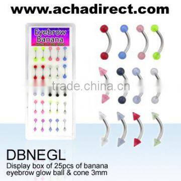 "25 Pieces Display Box of Steel Eyebrow Bananas with 3mm glow balls and cones