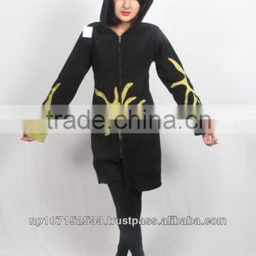 long jacket with polar fleece design sun rays patch applique