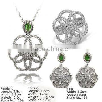 [SZQ-0177] 925 Silver Jewelry Set with CZ Stones, Jewelry Set with Green & White Stones, Simple Classic Design