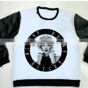 wholesale crewneck sweatshirts with leather sleeve and sublimation printing body for men