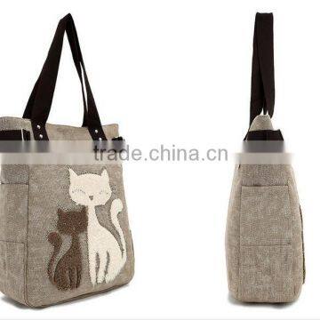 Fashion wholesale Ladies canvas zipper bag with cat embroidered