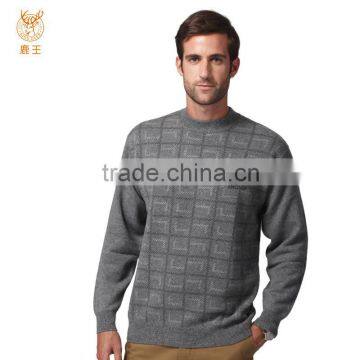 Fancy Round Neck Cashmere Sweater Pullover, Men Latticed Grey Pullover