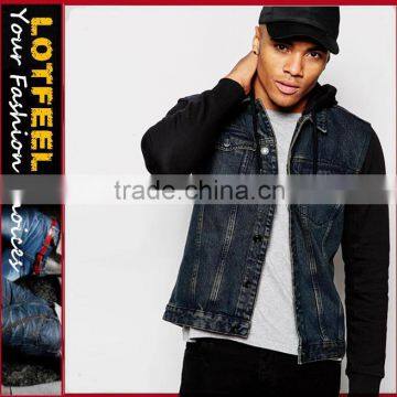 Mens Hooded Denim Jacket With Jersey knitted Sleeves And Hoody (LOTJ329)