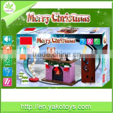 Merry Christmas Fireplace Sound Control Music Light Wooden DIY Toy House Building Blocks