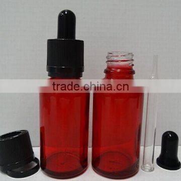 Popular red Glass Dropper Bottles 30ml e liquid Bottle with Childproof Cap and Rubber Stopper with Pipette