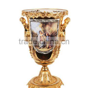 European Character Design Decorative Porcelain Flower Vase With Bronze Side Handles, Enamel Ceramic and Brass Golden Vase photo-3