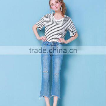 2017 Latest Jeans Tops Girls Light Blue Wash Ripped Jeans for Women photo-2