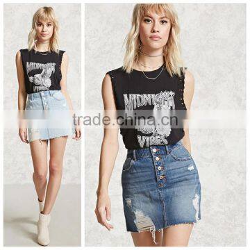 Ladies Fashion Button Front High Waist Light Blue Denim/Jeans Short Skirt