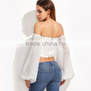 Ladies Sexy Slim Off Shoulder Blouses White Oversize Lantern Sleeve Belted Eyelet Top Blouse photo-3