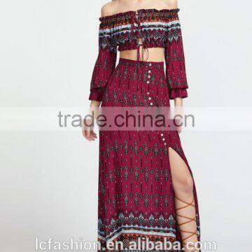Picture of Long Skirts and Tops Vintage Print Drawstring Top With Split Skirt photo-2
