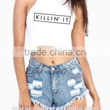 White 95% Cotton 5% Spandex Crop Top Custom Printed Sexy Hipster Crop Top Womens Sleeveless Crop Top Wholesale