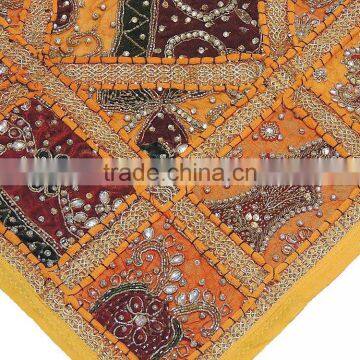 Yellow Sari Lounge Pillow Floor Sitting Kundan Colorful Handicraft Cushion 26in photo-3