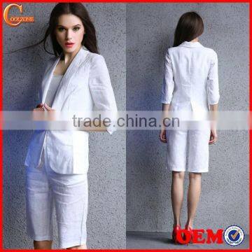 2014 Summer Cotton/linen Ladies Two Pieces Short Sleeve Blazer and Middle Pants Set Women Office Business Suit