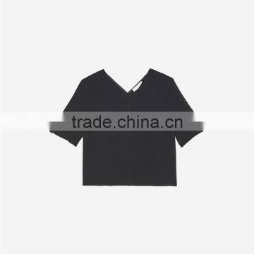 Women's Loose Fit V Neck Press Studs on Short Slited Sleeves Tank Blouse photo-5