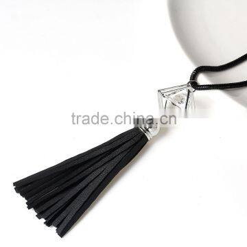 New Fashion Long Snake Chain Black Leatheroid Tassel Pendant Clear Glass Rhinestone Sweater Necklace