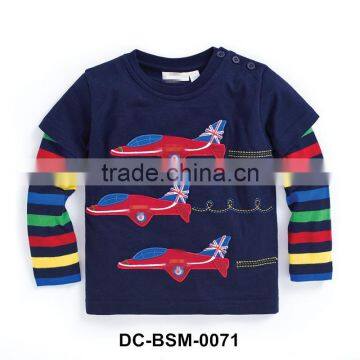 Hot sale dark blue with stripe sleeve cute cartoon kids shirt