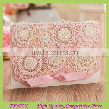 Pink elegant ribbon decorate laser cut wedding invitation card