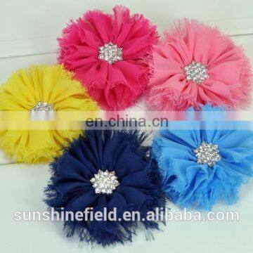 Vintage Chiffon Flower Shabby Flowers With Metal Crystal Center Flat Back