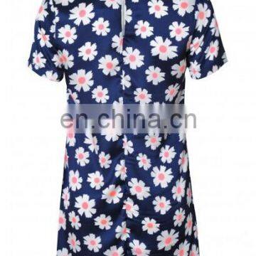 Navy And Coral Daisy Print Dress With White Pointed Collar