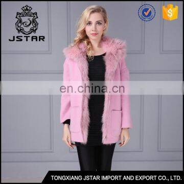 Pink cheap sheep wool fur coat with detachable fur inside