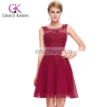 Grace Karin New Arrival Sleeveless Crew Neck Wine Red Chiffon Short Prom Dress Patterns GK000063-2