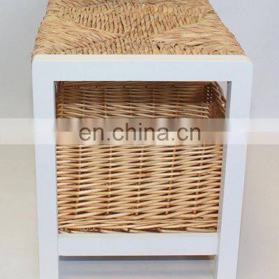 White Two Seater Wooden Storage Bench With Wicker Baskets and Seating photo-4