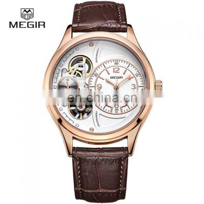 MEGIR 2017 Men Automatic Mechanical Watches Leather Strap Rose Gold Wristwatches Casual Male Masculino Relojes Watch Hour