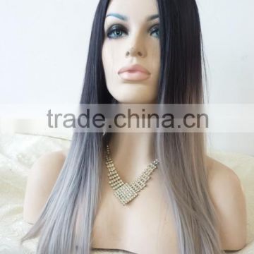 High quality heat resiatant fiber lace front straight Grey ombre hair synthetic wig