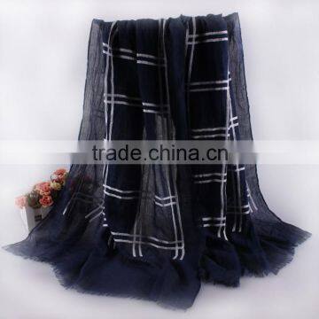 Wholesale Korean Fashion Woman Checked Plaid Embroidery Design Tassel Wide Voile Cotton Scarf