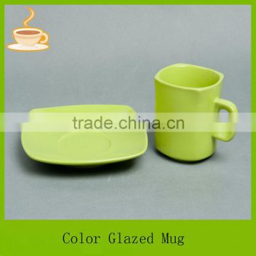 Cyan color glazed ceramic mug with saucer tea or coffee drinking set , T/T