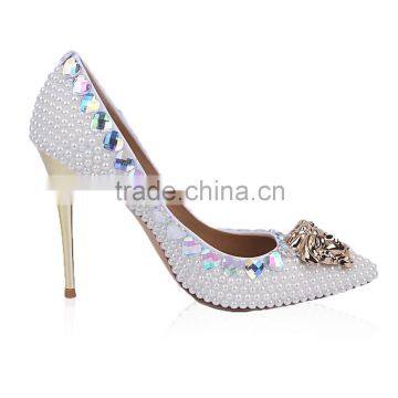 Guangzhou leather dress shoes lady crystal fashion high heels quality heels production with metal gold heel