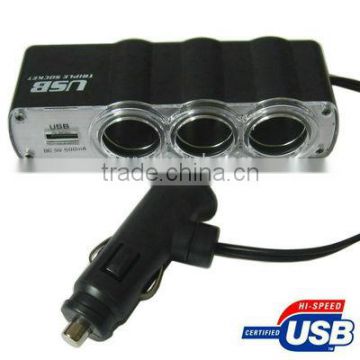 12V / 24V 3 Way Triple Sockets USB Car Cigarette Lighter Socket Splitter Charger