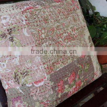 Patchwork print cushion cover with kantha work, Kantha cushion cover