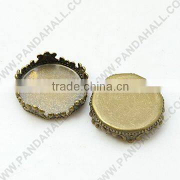 Brass Cabochon Blank Settings, Nickel Free, Flat Round, Antique Bronze Color, 16.5mm, 15mm Tray(KK-14/03-NFAB)