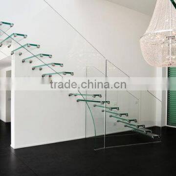 Floating glass stairs with glass tread invisible stringer straight glass staircase                        
                                                Quality Choice